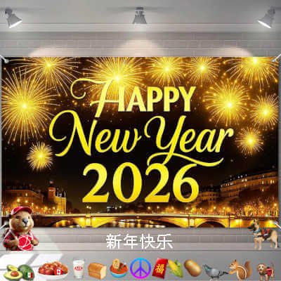 Happy New Year 2026 Banner 71x43 Inch Gold Fireworks Bridge City Night, HOMETITUTE