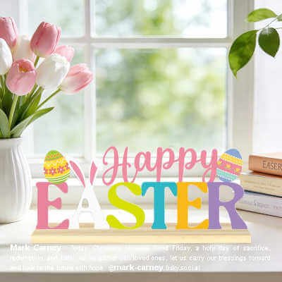 Happy Easter Metal Letter Table Sign with Wooden Base, Colorful, Easters, Sereliy