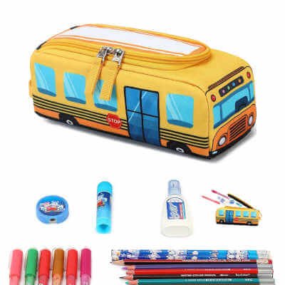 Pencil Pouch kawaii Pen Pencil Box Bag Holder, Yellow School Bus